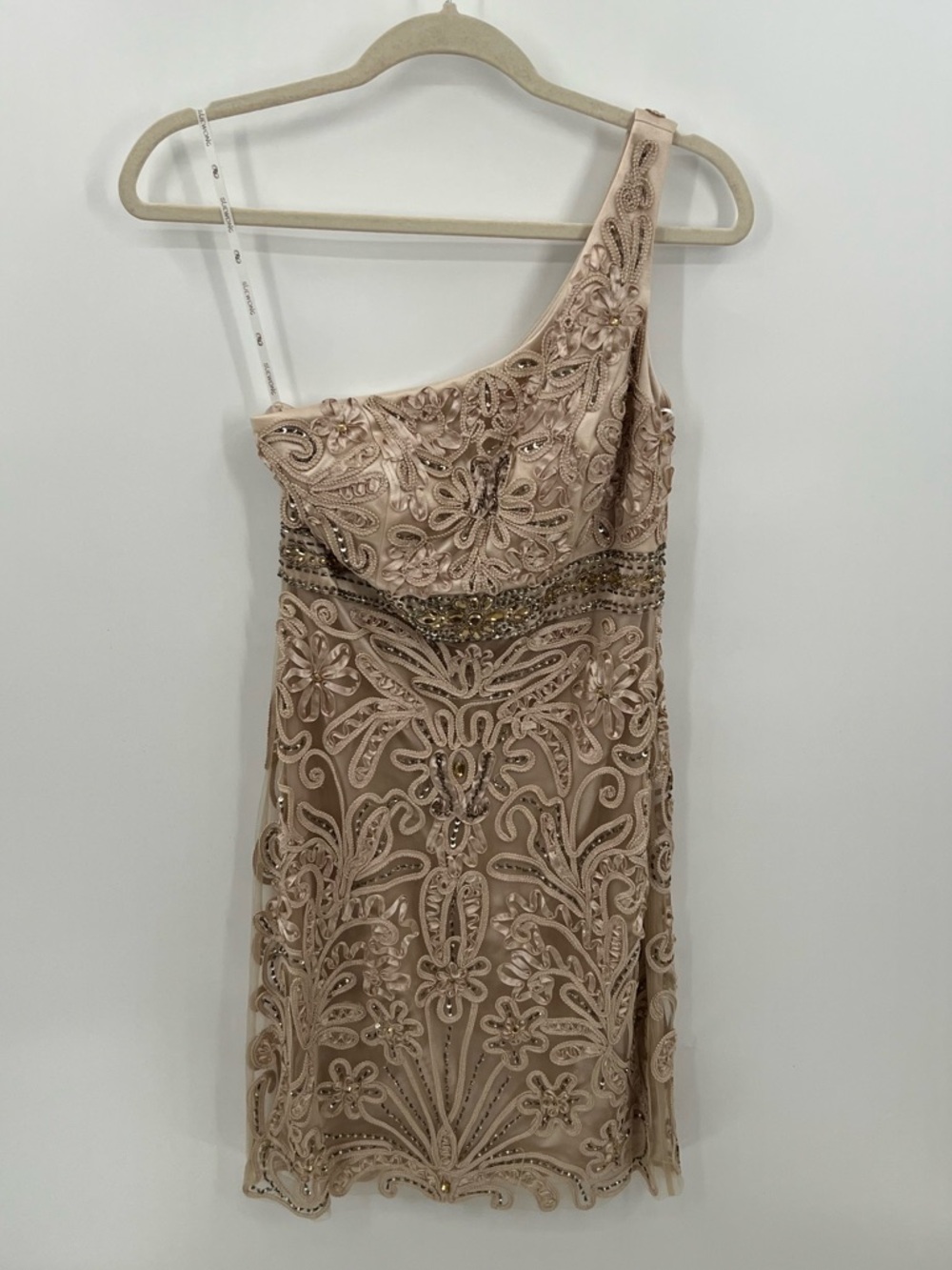 Sue Wong One-Shoulder Beaded Nude Cocktail Dress